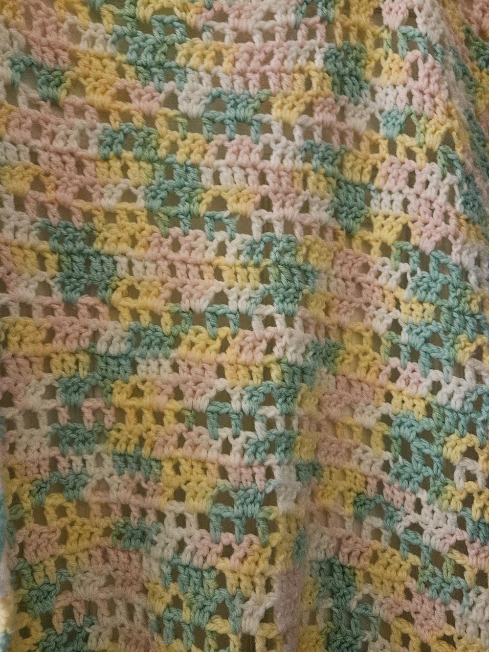 Hand-Crocheted Afghan Pastel Throw Blanket Baby Neutral Pink,Yellow Mint Fringe
